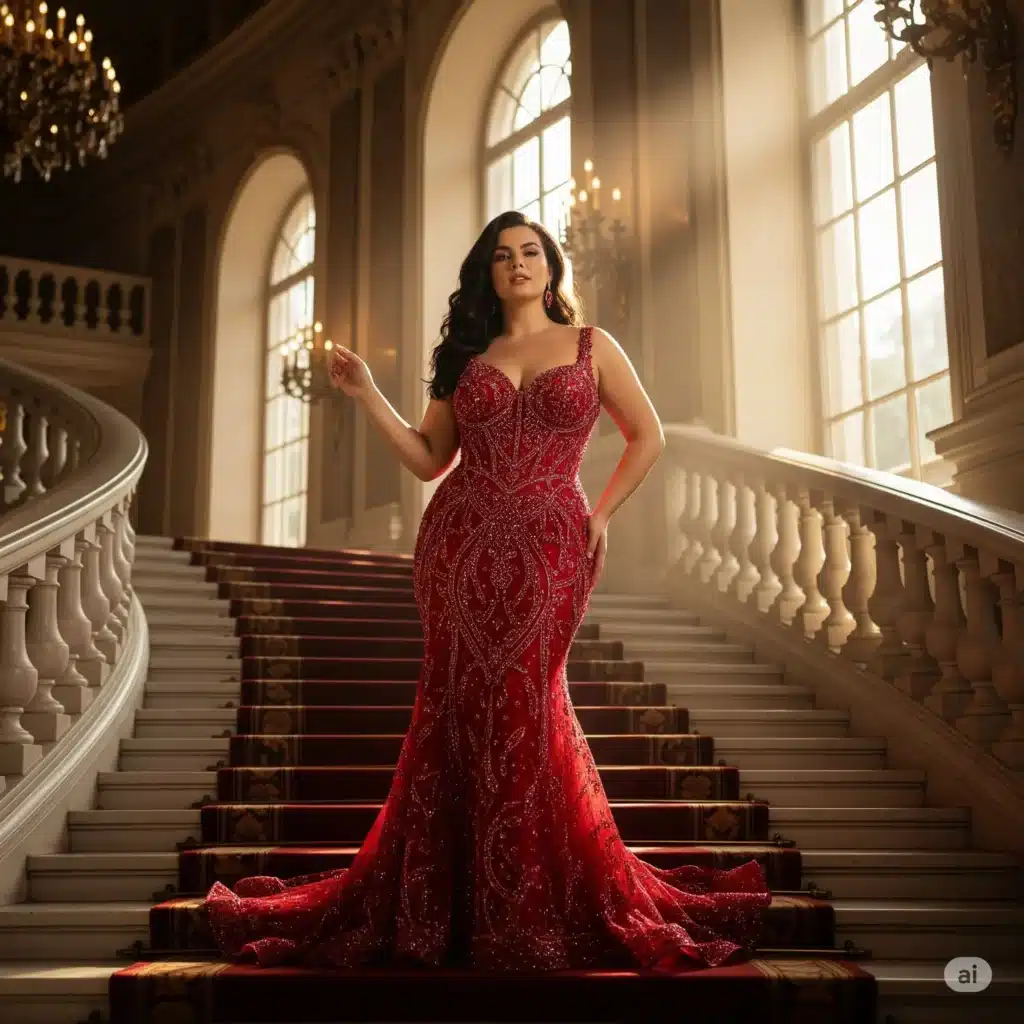 A curvy woman in a sparkling red gown, standing on a grand staircase, golden lighting