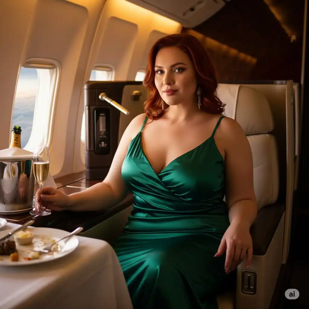 A hot BBW redhead in a tight satin dress, first-class flight cabin, confident and serene