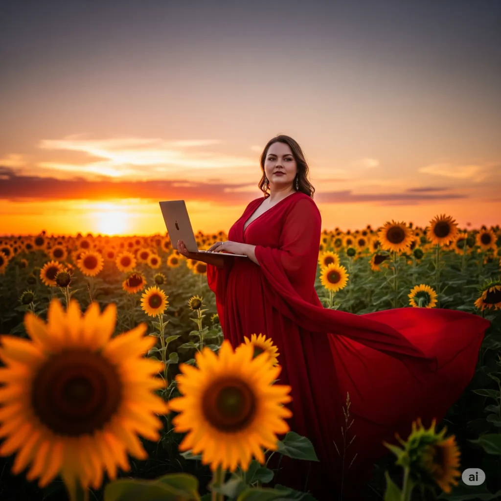 portrait of a confident BBW in a flowing red dress, standing in a sunflower field at sunset. Armed with my laptop and a vision