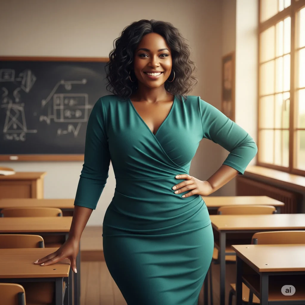 BBW teacher in a classroom, confident and smiling.