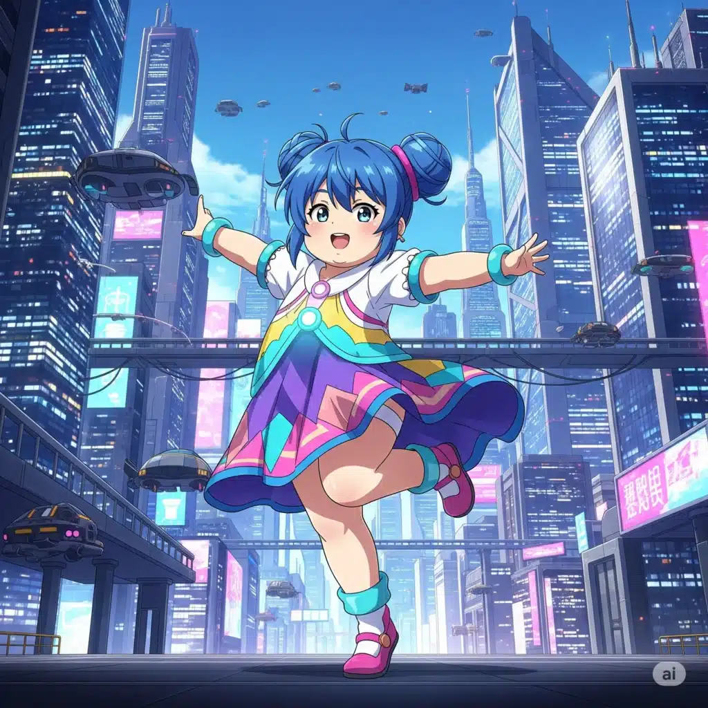 Chubby anime girl with blue hair, dancing in a futuristic city.